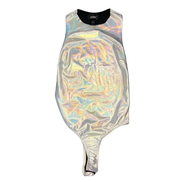 Just Polly Women's Small Silver Holographic High Neck Sleeveless Bodysuit - Picture 1 of 3